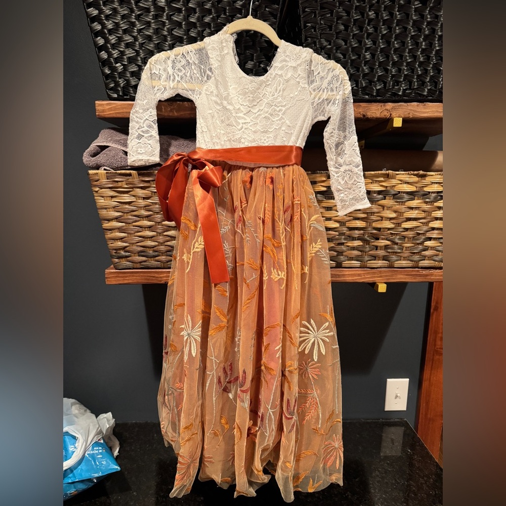 Elegant Lace and Floral Kids Dress with Orange Accents